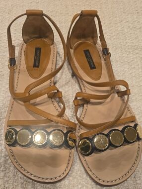Louis Vuitton Tan Leather Strappy Sandals with Gold Medallion Trim